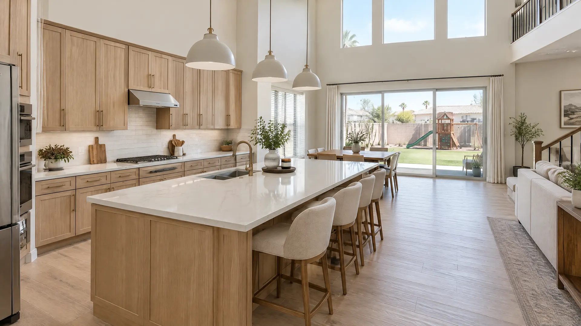 Updated kitchen in a two-story Power Ranch, Gilbert home with espresso cabinets replaced by light oak, a big island and a sliding door to a backyard with a play set on artificial turf