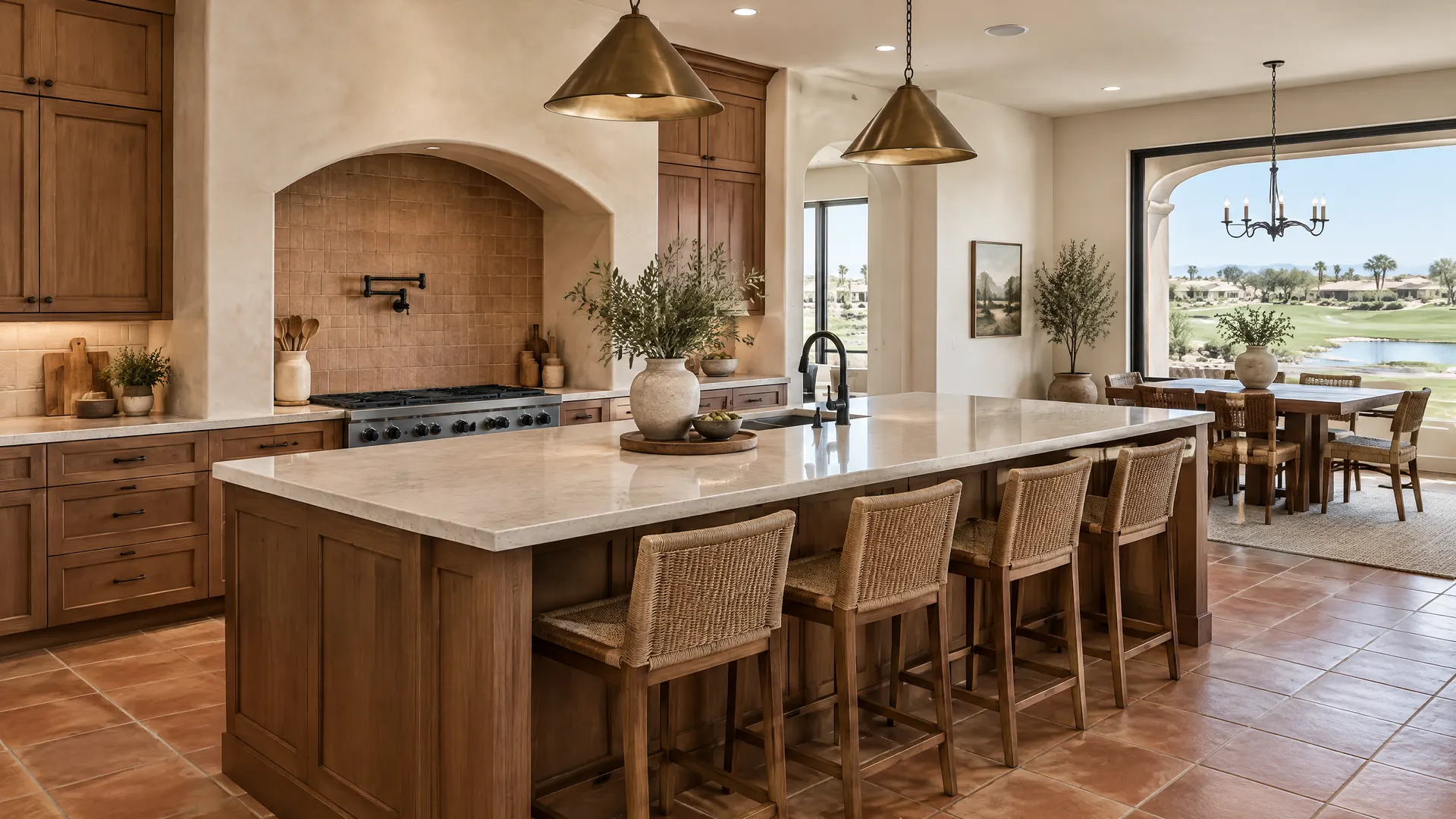 Spacious kitchen in a newer Seville, Gilbert home with Spanish-influenced details: arched range alcove in plaster, warm wood cabinets, terracotta-tone floor tile and a view to a golf course