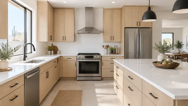 Kitchen with original cabinet boxes refaced in new flat white oak veneer doors and drawer fronts, slim black pulls, same layout, bright clean look