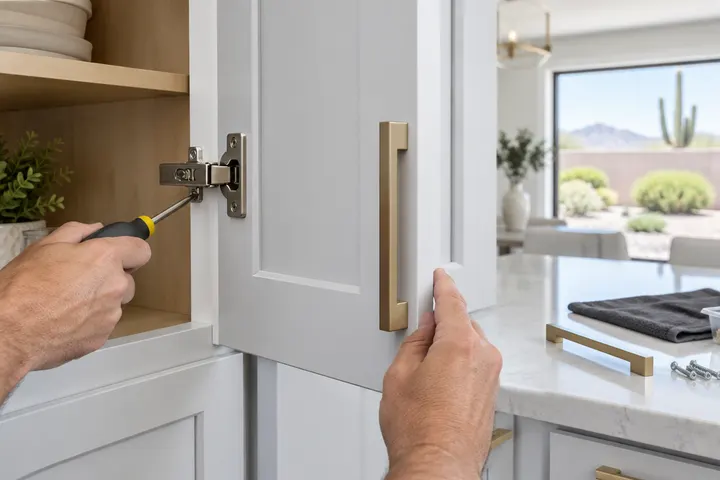 Close-up of new soft-close concealed hinges and modern pulls being installed on a painted cabinet door