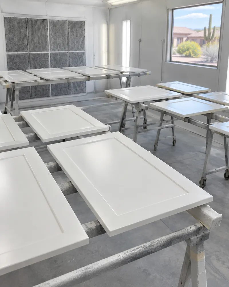 Cabinet doors laid out on drying racks in a spray booth, freshly painted soft white, smooth finish