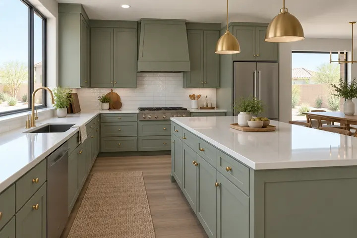 Same style cabinets painted muted sage green with new brushed brass knobs, smooth factory-like finish