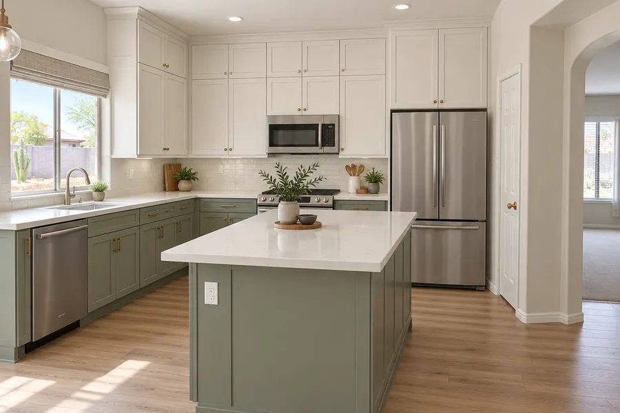The same Gilbert kitchen after a remodel with the same window and room shape: soffit removed, sage and white cabinets to the ceiling, a larger rectangular quartz island, stainless appliances and oak-look floor
