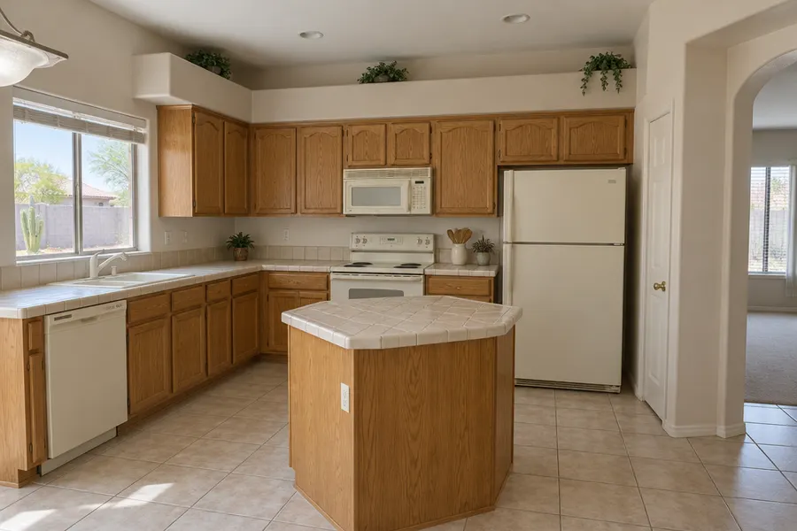 Dated 2002 Gilbert, Arizona tract-home kitchen before remodeling: oak cabinets with a soffit above, beige tile counters, a small angled island, almond appliances and beige ceramic floor tile
