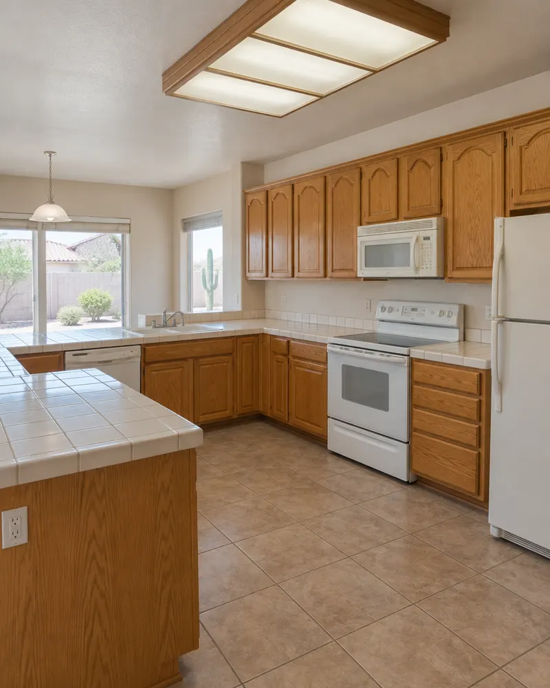 Builder-grade kitchen in a 2000s Gilbert, Arizona home before a remodel: honey oak cabinets with cathedral-arch doors, almond tile countertops with grout lines, a fluorescent light box in the ceiling