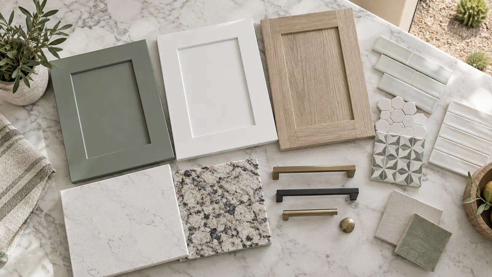 Kitchen design samples arranged on a countertop: cabinet door samples in sage, white and white oak, quartz and granite slab chips, tile samples and hardware pulls, top-down view