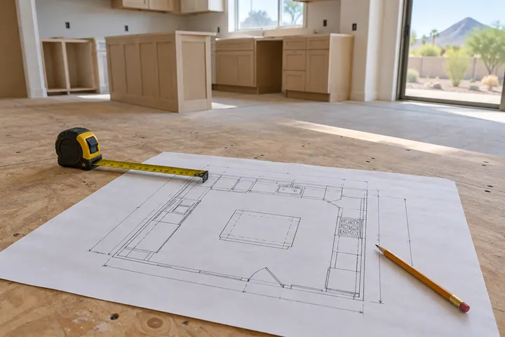 Measured kitchen floor plan on paper with a tape measure and pencil, cabinet outlines drawn, lying on a plywood subfloor, no readable text