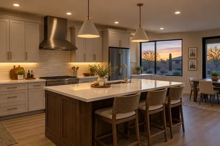 Kitchen lighting at dusk: recessed ceiling lights, warm under-cabinet LED strips lighting a quartz counter, two pendants over an island