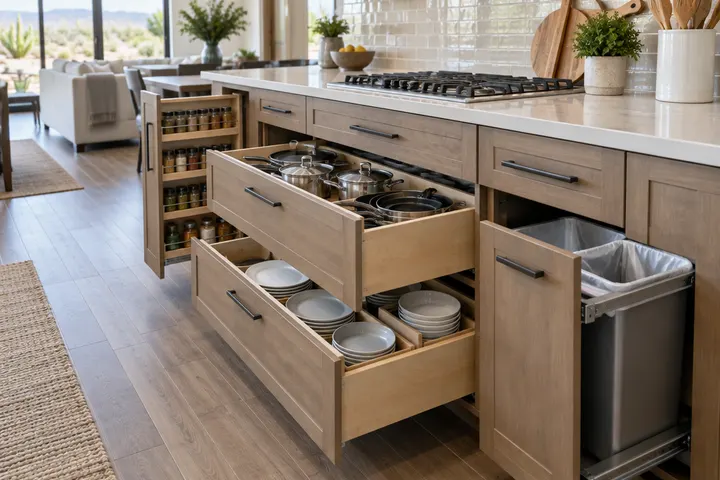 Open deep kitchen drawers with pots, pans and plates neatly organized, a pull-out spice rack and a trash pull-out beside them