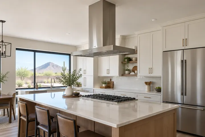 Stainless range hood vented through the ceiling above a gas cooktop in a remodeled kitchen, clean ducting cover to the ceiling