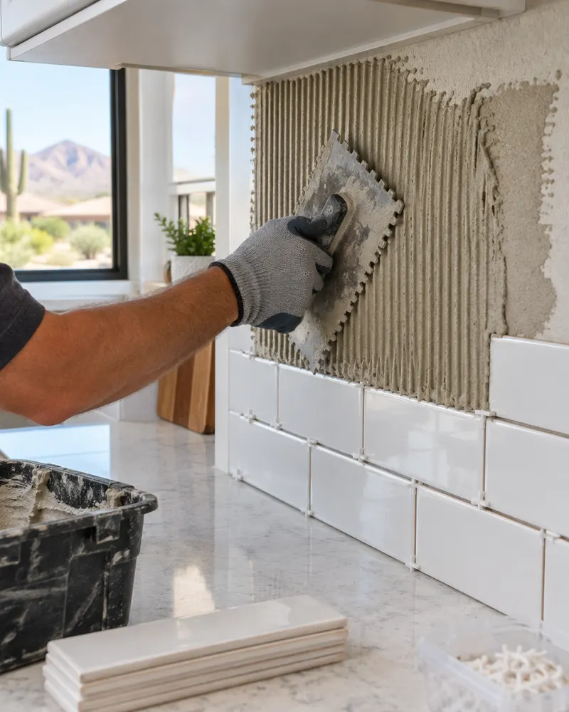 Tile setter's trowel spreading thinset on a kitchen wall with a few white subway tiles already placed and spacers in the joints, no face