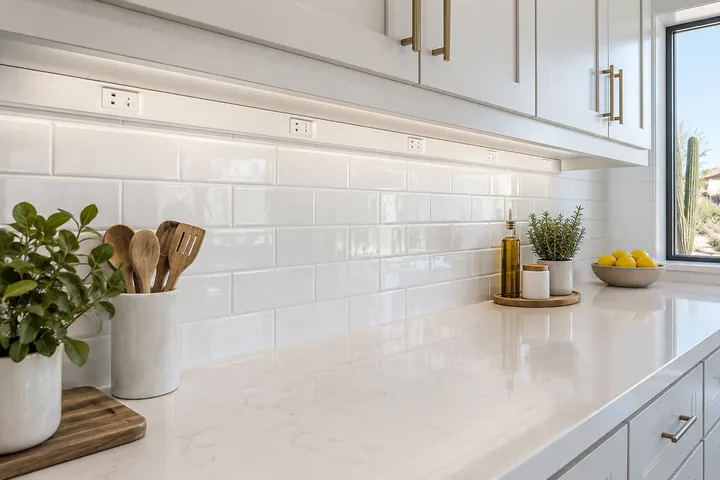 Backsplash detail with under-cabinet outlet strip so no outlets interrupt the tile, clean white tile and quartz counter