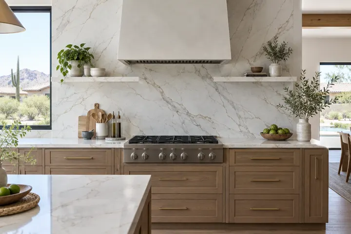 Full-height quartz slab backsplash continuing from the countertop up behind a range, with a small ledge shelf