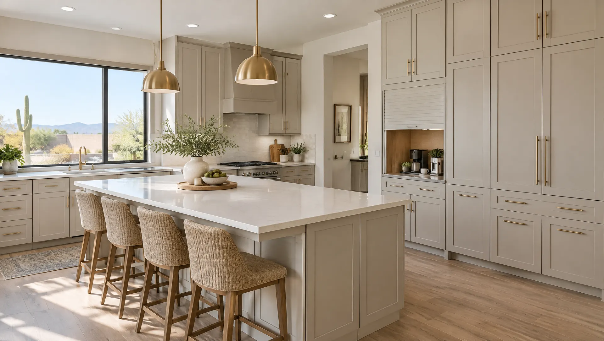 Newly installed shaker cabinets painted soft greige running up to a 9-foot ceiling, with a tall pantry wall, an appliance garage and brushed brass pulls, in a bright Arizona kitchen