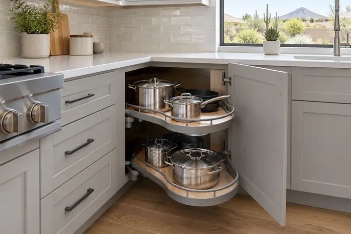Blind corner kitchen cabinet with a pull-out swing-out shelving mechanism holding pots
