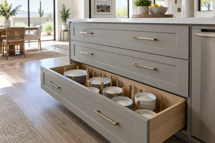 Wide base drawers stacked three high with soft-close slides, one pulled open showing dishes in peg organizers