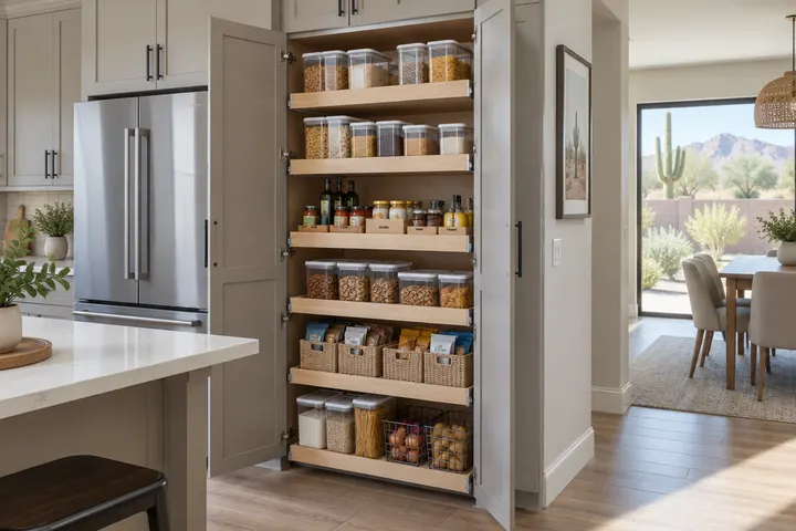 Floor-to-ceiling pantry cabinet with pull-out shelves loaded with food containers, doors open