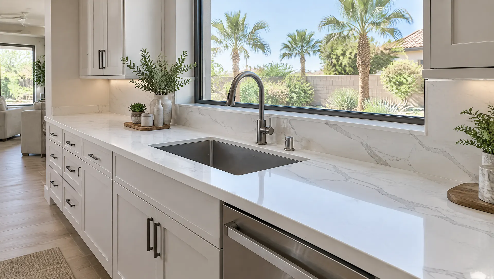 Freshly installed white quartz countertops with subtle gray veining and a mitered edge on a long kitchen run, a large single-bowl undermount sink under a window looking at palm trees