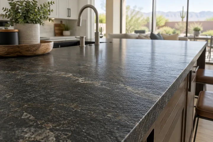 Dark leathered granite countertop with natural texture on a kitchen island, close up angle
