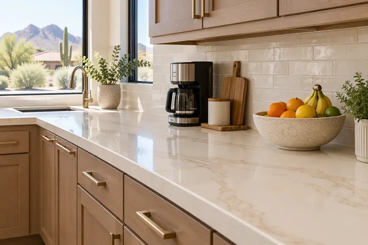 Warm white quartz countertop with soft beige veining on a kitchen perimeter, coffee maker and fruit bowl