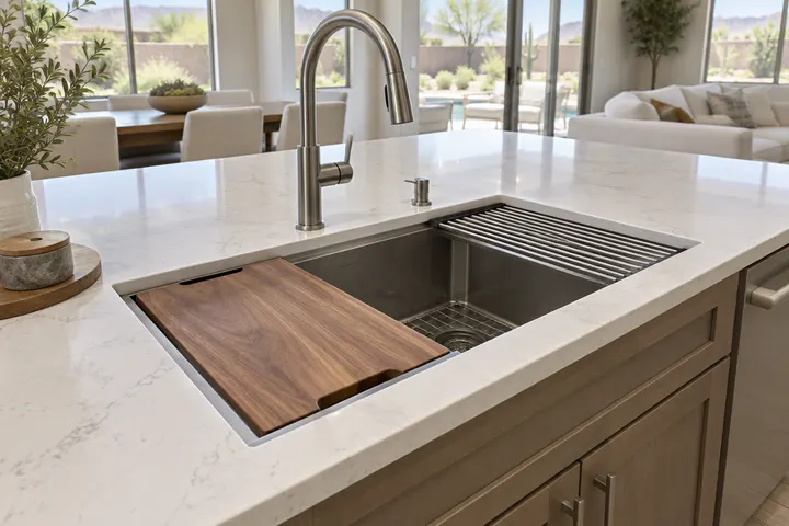 Large stainless undermount workstation sink with a cutting board insert set into a quartz countertop