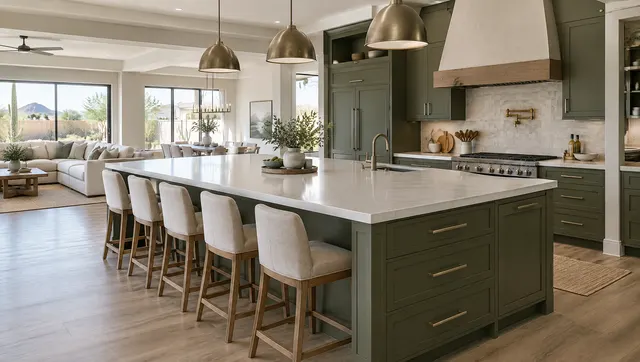 Oversized kitchen island painted deep olive green with a thick light quartz top, seating for five on one side, deep drawers and a prep sink, in a large open family kitchen