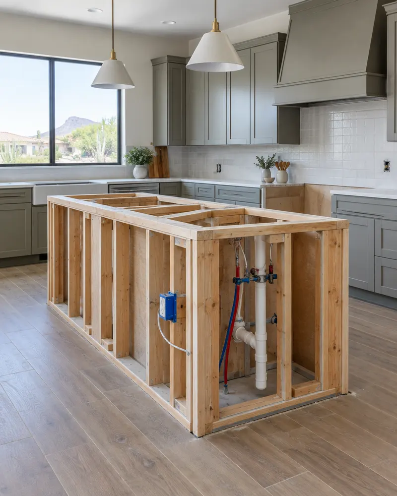 New kitchen island framed and set in place before the countertop, with electrical outlet box and plumbing for a prep sink visible