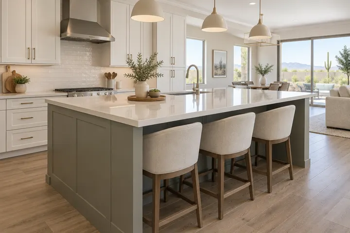 Kitchen island with a deep countertop overhang and three upholstered counter stools tucked under it, no people