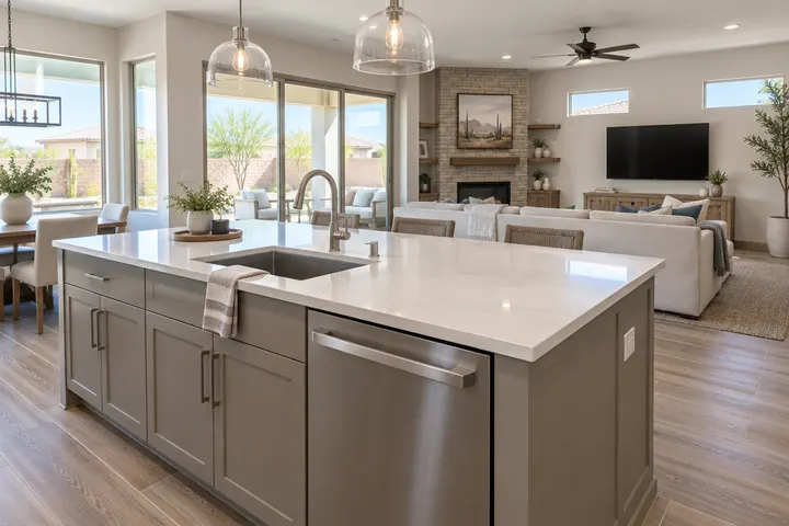 Kitchen island with a built-in dishwasher and main sink facing the family room