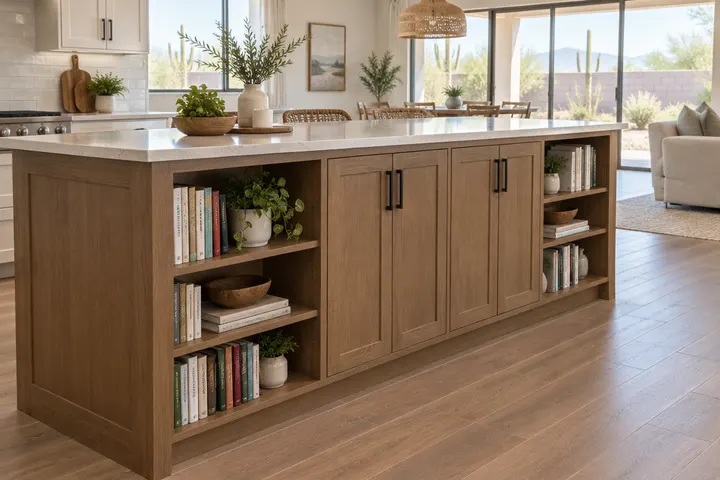 Back side of a kitchen island with cookbook shelves and cabinet doors, wood finish