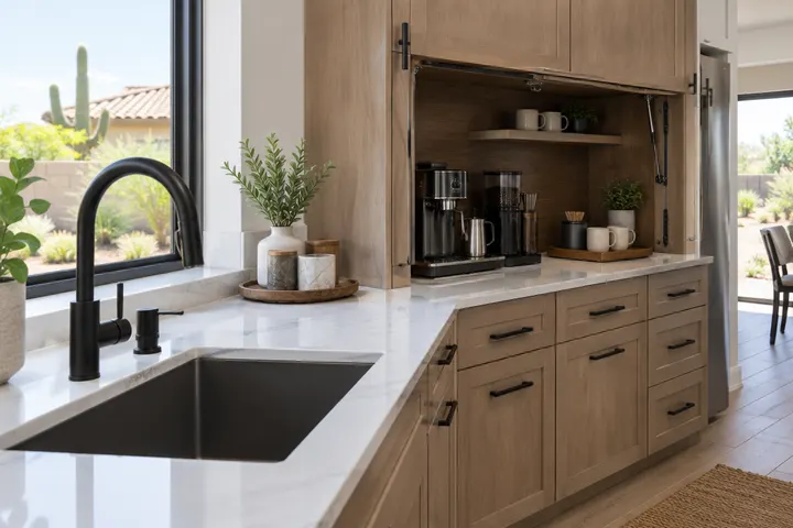 Finished remodeled kitchen detail: quartz counter, matte black faucet, a coffee station with appliance garage doors open