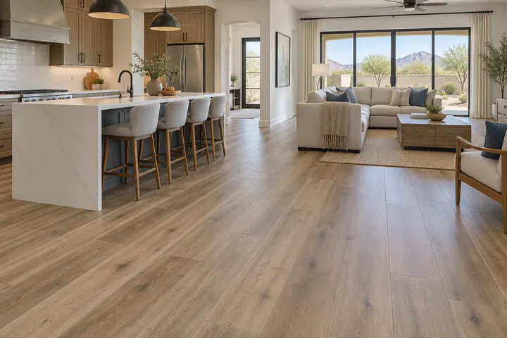 New large-format wood-look porcelain plank floor running continuously from a kitchen into a family room, cabinets in the background