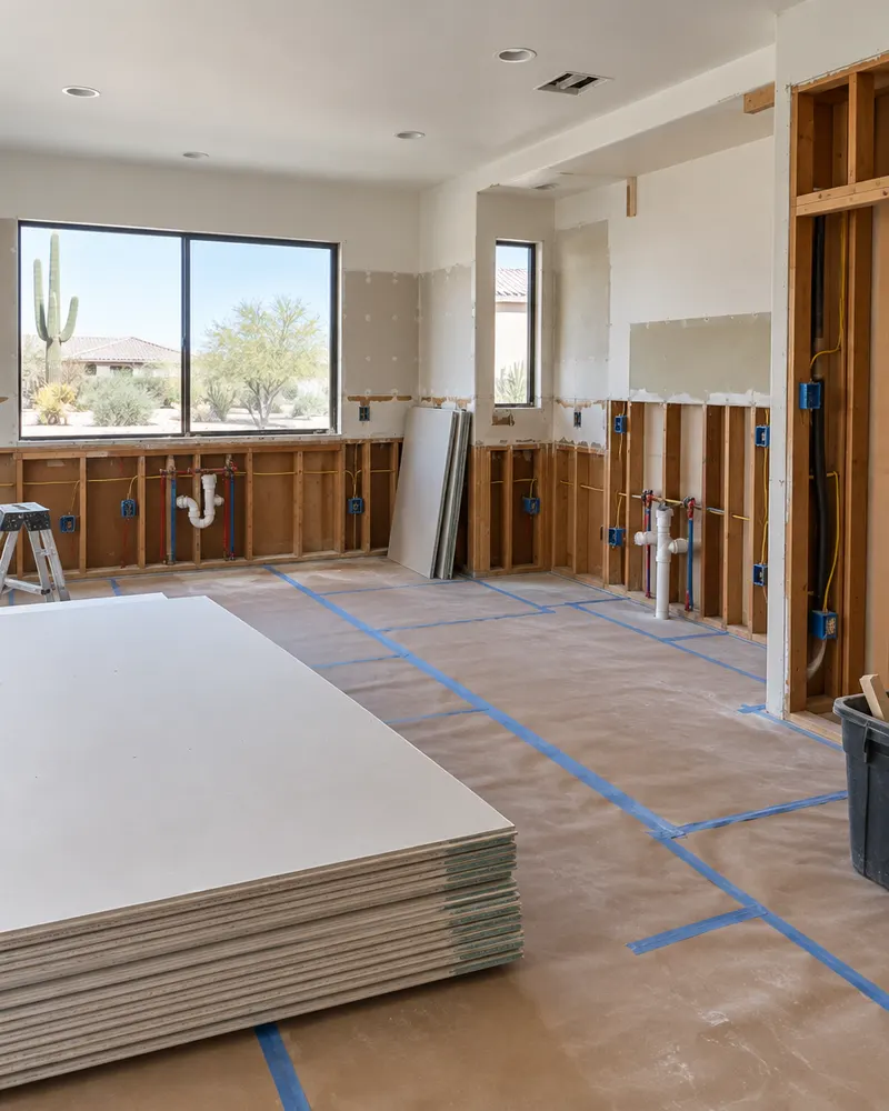 Kitchen mid-remodel: cabinets removed, new plumbing stub-outs and electrical boxes in open stud walls, drywall stacked, protective floor covering
